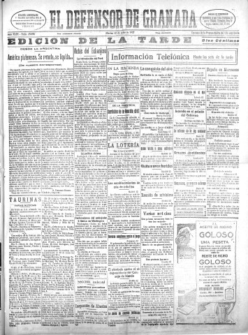 'El Defensor de Granada  : diario político independiente' - Año XLIX Número 25098 Ed. Tarde - 1927 Julio 12