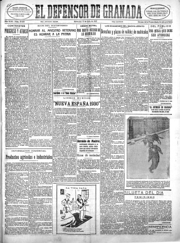 'El Defensor de Granada  : diario político independiente' - Año XLIX Número 25099 Ed. Mañana - 1927 Julio 13