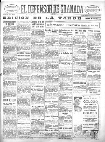 'El Defensor de Granada  : diario político independiente' - Año XLIX Número 25110 Ed. Tarde - 1927 Julio 19