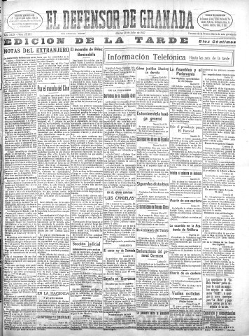'El Defensor de Granada  : diario político independiente' - Año XLIX Número 25122 Ed. Tarde - 1927 Julio 26