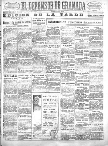 'El Defensor de Granada  : diario político independiente' - Año XLIX Número 25124 Ed. Tarde - 1927 Julio 27