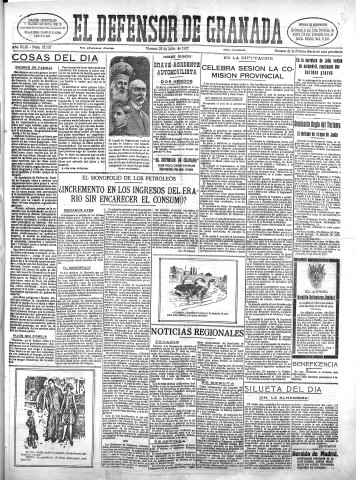 'El Defensor de Granada  : diario político independiente' - Año XLIX Número 25127 Ed. Mañana - 1927 Julio 29