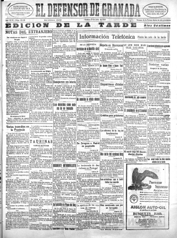 'El Defensor de Granada  : diario político independiente' - Año XLIX Número 25128 Ed. Tarde - 1927 Julio 29