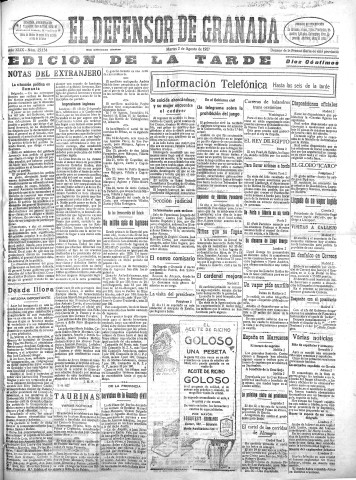 'El Defensor de Granada  : diario político independiente' - Año XLIX Número 25134 Ed. Tarde - 1927 Agosto 02