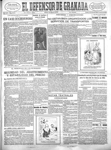 'El Defensor de Granada  : diario político independiente' - Año XLIX Número 25141 Ed. Mañana - 1927 Agosto 06