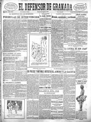 'El Defensor de Granada  : diario político independiente' - Año XLIX Número 25145 Ed. Mañana - 1927 Agosto 09