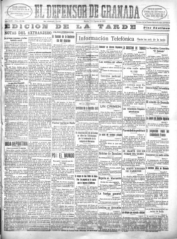 'El Defensor de Granada  : diario político independiente' - Año XLIX Número 25146 Ed. Tarde - 1927 Agosto 09