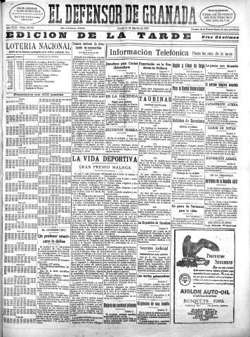 'El Defensor de Granada  : diario político independiente' - Año XLIX Número 25150 Ed. Tarde - 1927 Agosto 11