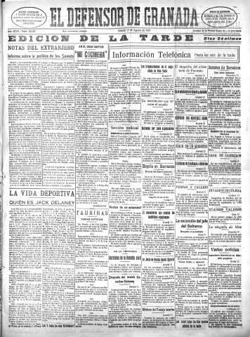 'El Defensor de Granada  : diario político independiente' - Año XLIX Número 25154 Ed. Tarde - 1927 Agosto 13