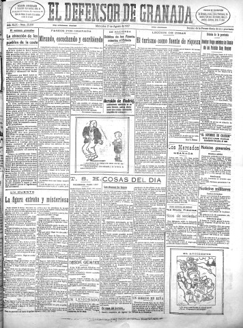 'El Defensor de Granada  : diario político independiente' - Año XLIX Número 25159 Ed. Mañana - 1927 Agosto 17