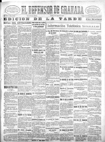 'El Defensor de Granada  : diario político independiente' - Año XLIX Número 25164 Ed. Tarde - 1927 Agosto 19