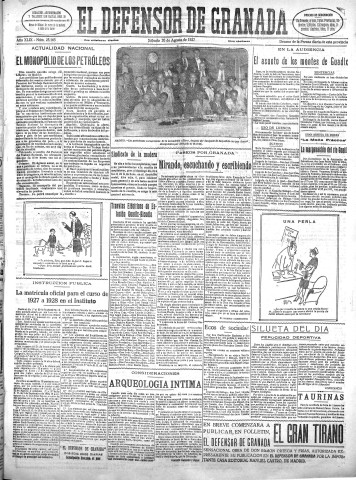 'El Defensor de Granada  : diario político independiente' - Año XLIX Número 25165 Ed. Mañana - 1927 Agosto 20
