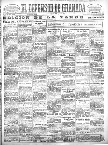 'El Defensor de Granada  : diario político independiente' - Año XLIX Número 25166 Ed. Tarde - 1927 Agosto 20