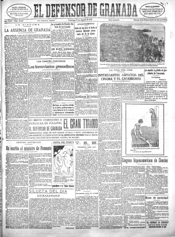 'El Defensor de Granada  : diario político independiente' - Año XLIX Número 25167 Ed. Mañana - 1927 Agosto 21