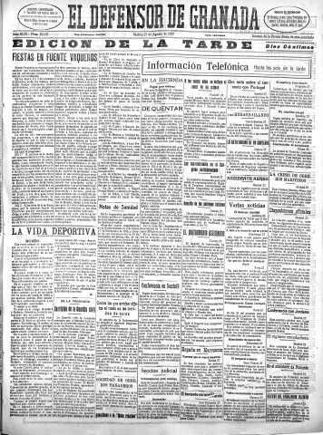 'El Defensor de Granada  : diario político independiente' - Año XLIX Número 25170 Ed. Tarde - 1927 Agosto 23