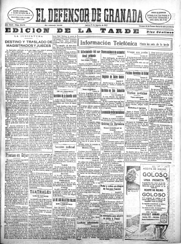 'El Defensor de Granada  : diario político independiente' - Año XLIX Número 25175 Ed. Tarde - 1927 Agosto 25