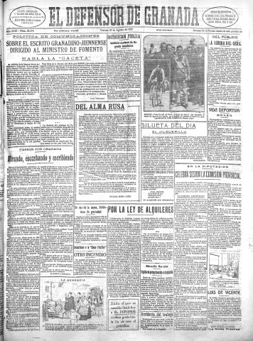 'El Defensor de Granada  : diario político independiente' - Año XLIX Número 25176 Ed. Mañana - 1927 Agosto 26