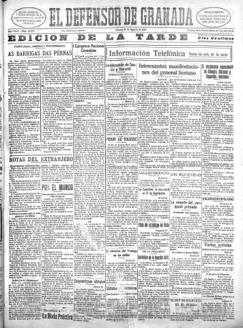 'El Defensor de Granada  : diario político independiente' - Año XLIX Número 25177 Ed. Tarde - 1927 Agosto 26