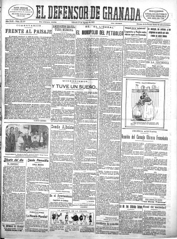 'El Defensor de Granada  : diario político independiente' - Año XLIX Número 25179 Ed. Mañana - 1927 Agosto 27