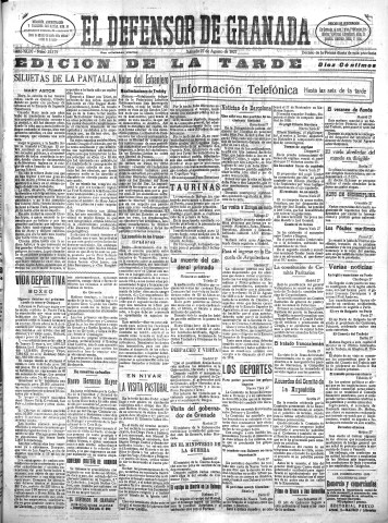 'El Defensor de Granada  : diario político independiente' - Año XLIX Número 25179 Ed. Tarde - 1927 Agosto 27