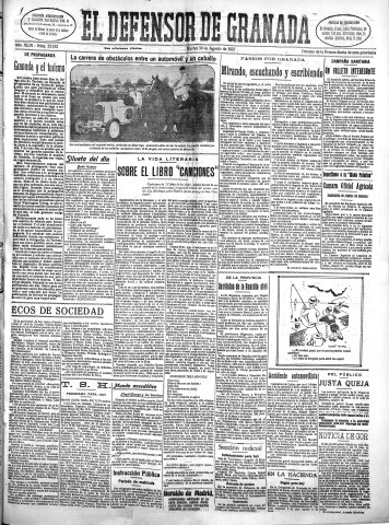 'El Defensor de Granada  : diario político independiente' - Año XLIX Número 25182 Ed. Mañana - 1927 Agosto 30