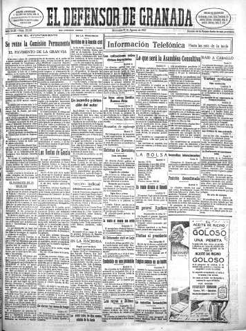 'El Defensor de Granada  : diario político independiente' - Año XLIX Número 25185 Ed. Tarde - 1927 Agosto 31