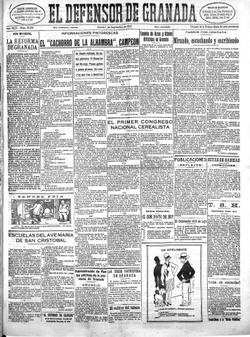 'El Defensor de Granada  : diario político independiente' - Año XLIX Número 25186 Ed. Mañana - 1927 Septiembre 01