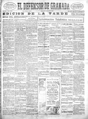 'El Defensor de Granada  : diario político independiente' - Año XLIX Número 25189 Ed. Tarde - 1927 Septiembre 02