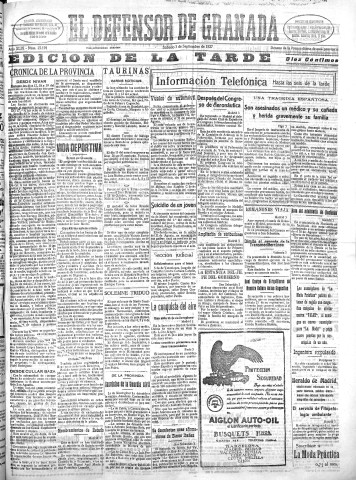 'El Defensor de Granada  : diario político independiente' - Año XLIX Número 25191 Ed. Tarde - 1927 Septiembre 03