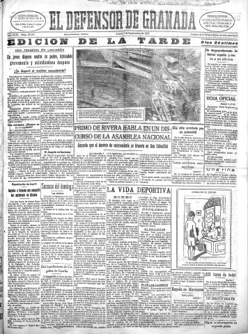 'El Defensor de Granada  : diario político independiente' - Año XLIX Número 25193 Ed. Tarde - 1927 Septiembre 05