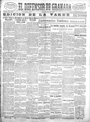 'El Defensor de Granada  : diario político independiente' - Año XLIX Número 25195 Ed. Tarde - 1927 Septiembre 06