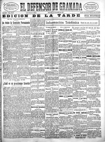 'El Defensor de Granada  : diario político independiente' - Año XLIX Número 25197 Ed. Tarde - 1927 Septiembre 07