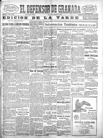 'El Defensor de Granada  : diario político independiente' - Año XLIX Número 25199 Ed. Tarde - 1927 Septiembre 08
