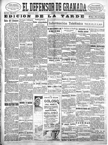 'El Defensor de Granada  : diario político independiente' - Año XLIX Número 25203 Ed. Tarde - 1927 Septiembre 10