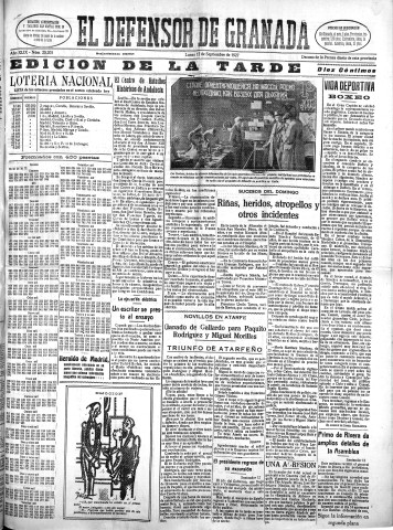 'El Defensor de Granada  : diario político independiente' - Año XLIX Número 25205 Ed. Tarde - 1927 Septiembre 12
