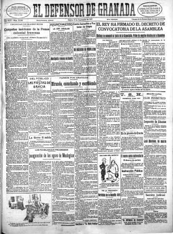 'El Defensor de Granada  : diario político independiente' - Año XLIX Número 25206 Ed. Mañana - 1927 Septiembre 13