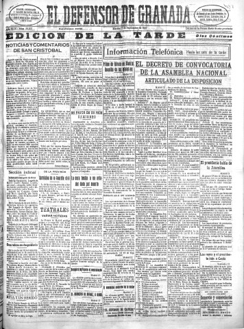 'El Defensor de Granada  : diario político independiente' - Año XLIX Número 25207 Ed. Tarde - 1927 Septiembre 13
