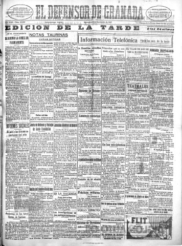 'El Defensor de Granada  : diario político independiente' - Año XLIX Número 25209 Ed. Tarde - 1927 Septiembre 14