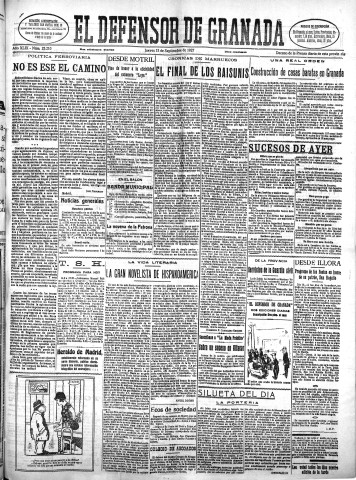 'El Defensor de Granada  : diario político independiente' - Año XLIX Número 25210 Ed. Mañana - 1927 Septiembre 15