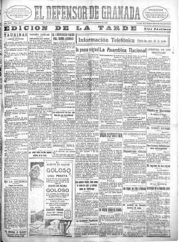 'El Defensor de Granada  : diario político independiente' - Año XLIX Número 25211 Ed. Tarde - 1927 Septiembre 15