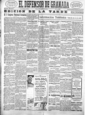 'El Defensor de Granada  : diario político independiente' - Año XLIX Número 25213 Ed. Tarde - 1927 Septiembre 16