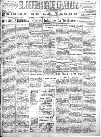 'El Defensor de Granada  : diario político independiente' - Año XLIX Número 25215 Ed. Tarde - 1927 Septiembre 17