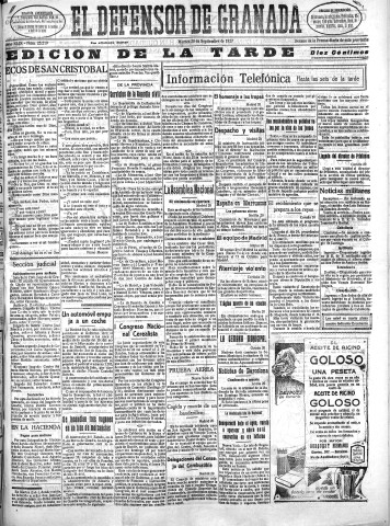'El Defensor de Granada  : diario político independiente' - Año XLIX Número 25219 Ed. Tarde - 1927 Septiembre 20