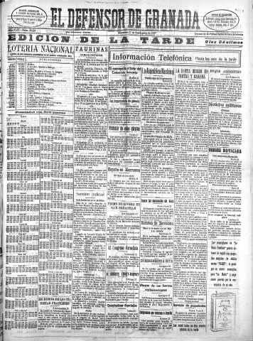 'El Defensor de Granada  : diario político independiente' - Año XLIX Número 25221 Ed. Tarde - 1927 Septiembre 21