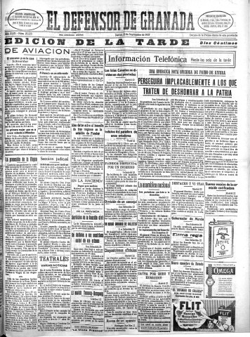 'El Defensor de Granada  : diario político independiente' - Año XLIX Número 25223 Ed. Tarde - 1927 Septiembre 22