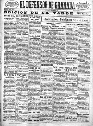 'El Defensor de Granada  : diario político independiente' - Año XLIX Número 25225 Ed. Tarde - 1927 Septiembre 23