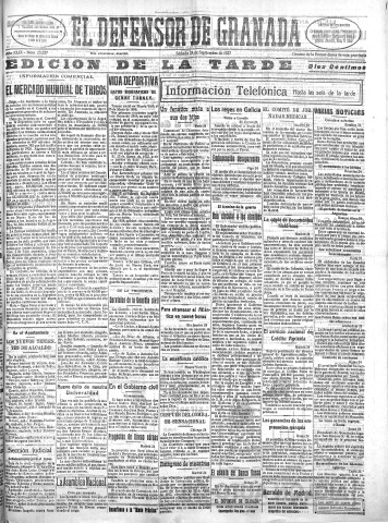 'El Defensor de Granada  : diario político independiente' - Año XLIX Número 25227 Ed. Tarde - 1927 Septiembre 24