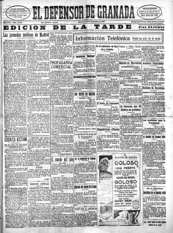 'El Defensor de Granada  : diario político independiente' - Año XLIX Número 25233 Ed. Tarde - 1927 Septiembre 28