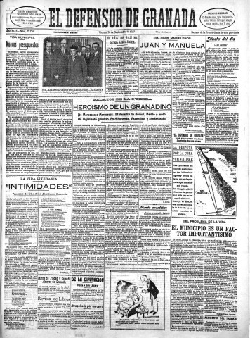'El Defensor de Granada  : diario político independiente' - Año XLIX Número 25236 Ed. Mañana - 1927 Septiembre 30