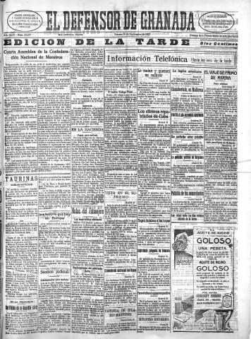 'El Defensor de Granada  : diario político independiente' - Año XLIX Número 25237 Ed. Tarde - 1927 Septiembre 30